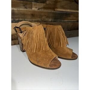 Lucky Brand Liennah Brown Suede Fringe Peep-Toe Booties Size 7.5M Chunky Heel